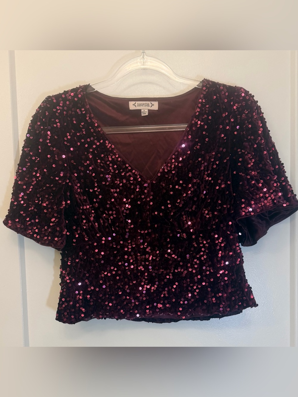 Vintage Nanette Nanette Lepore Plum Purple Velvet Sequin Short Sleeve Top Size S
